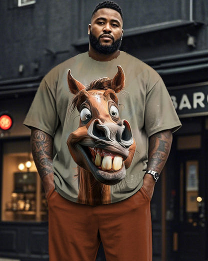 Cute Pony Plus Size Short Sleeve T-shirt and Pants Men's Suit