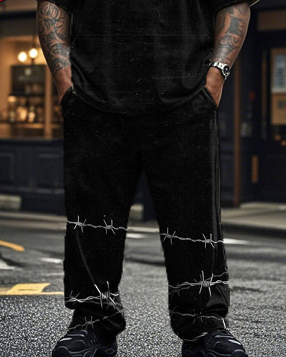 Thorn Stripe Large Size Men's Short Sleeve T-shirt and Trousers Set