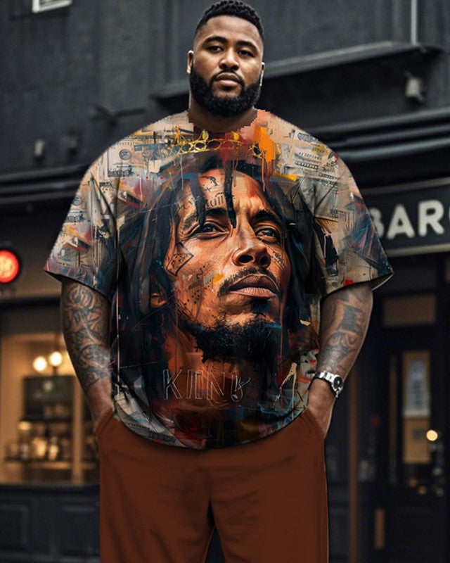 Vintage Reggae Print Short-sleeved Pants Plus Size Men's Suit