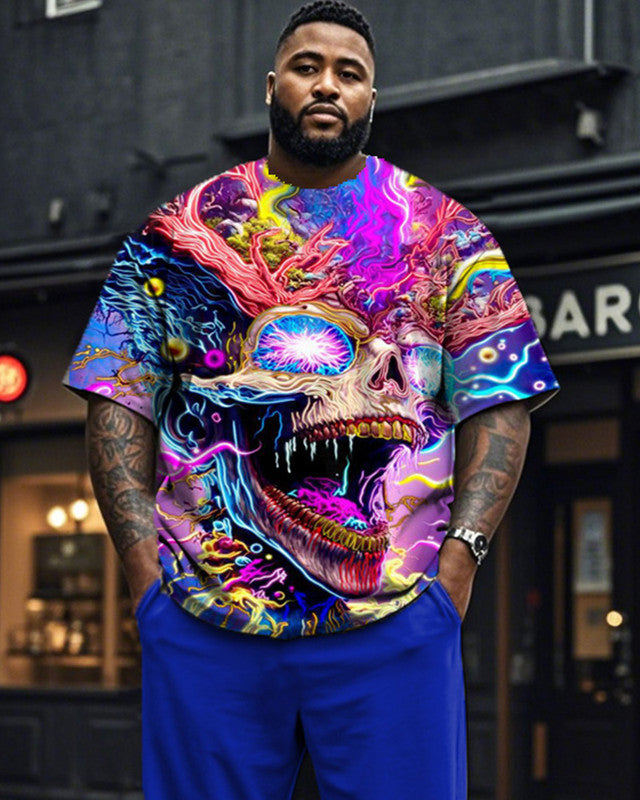 Personality Skeleton Color Printed Short Sleeve Pants Plus Size Men's Suit