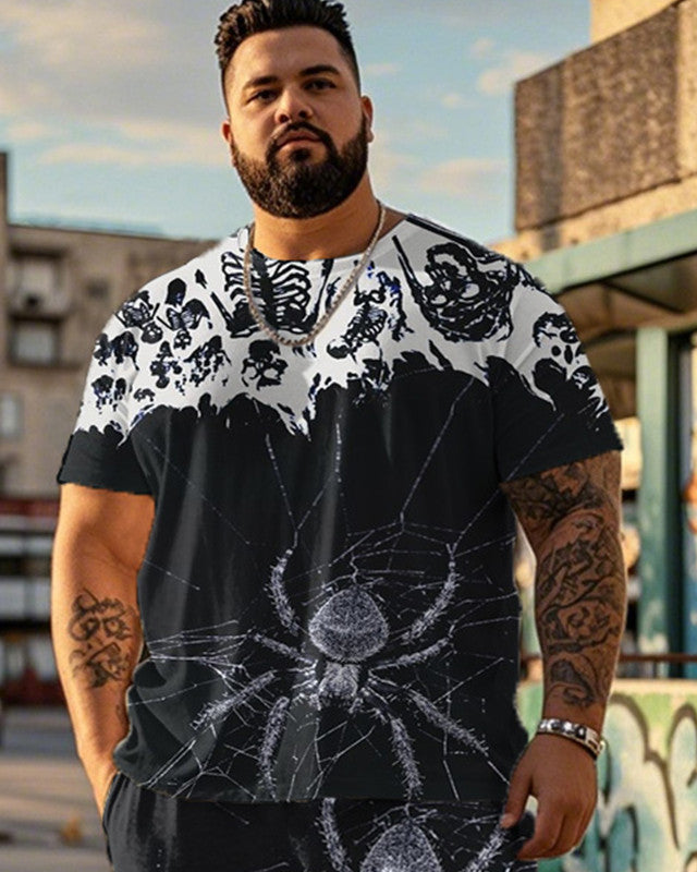 Color-Coded Spider Skull Print Large Size Short-Sleeved T-Shirt And Trousers Men's Two-Piece Set