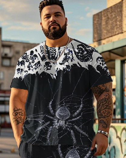 Color-Coded Spider Skull Print Large Size Short-Sleeved T-Shirt And Trousers Men's Two-Piece Set