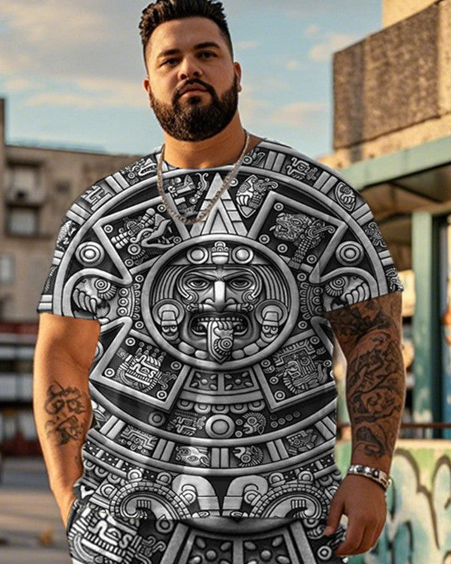 Viking Print Large Size Short Sleeve T-Shirt And Trousers Men's Two-Piece Set