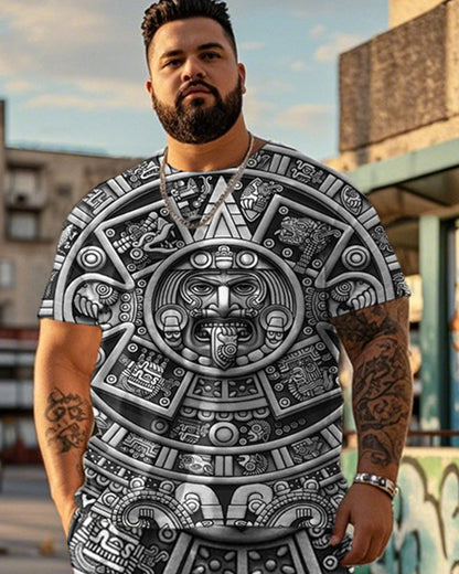 Viking Print Large Size Short Sleeve T-Shirt And Trousers Men's Two-Piece Set