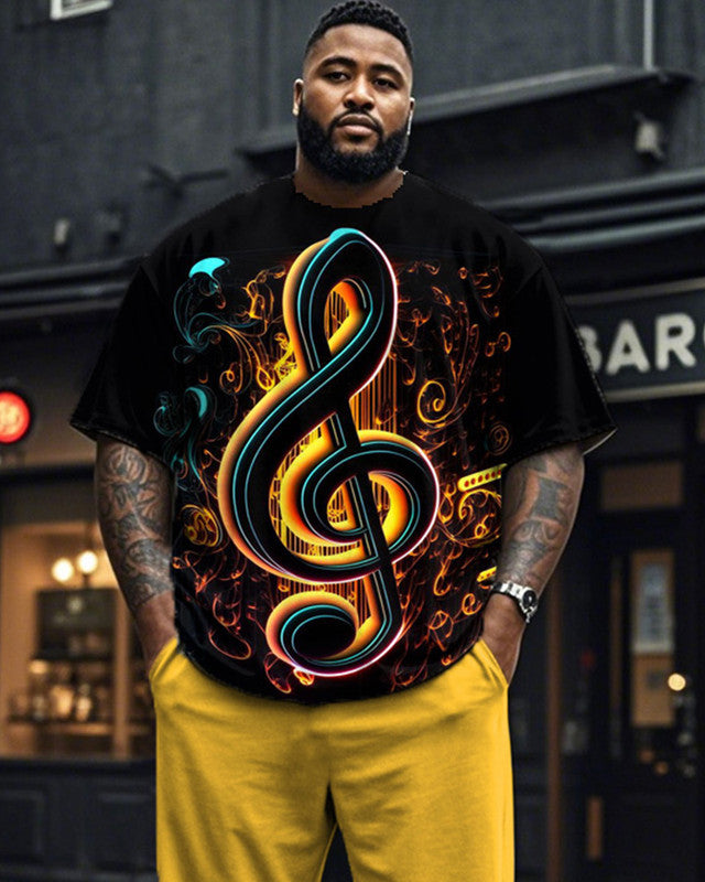 Note Print Short Sleeve Pants Plus Size Men's Suit