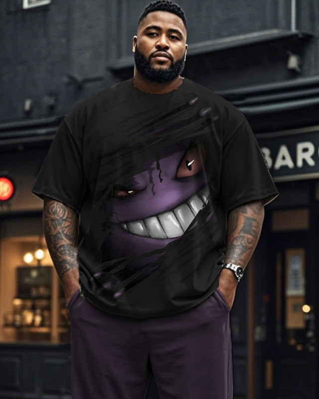 Dark Monster Print Short Sleeve Pants Plus Size Men's Suit