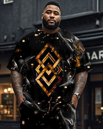 Dark Geometric Large Size Men's Short Sleeve Trousers Suit