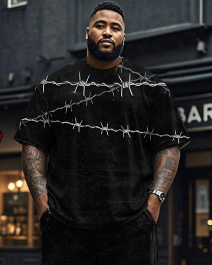 Thorn Stripe Large Size Men's Short Sleeve T-shirt and Trousers Set