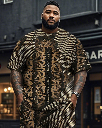 Retro Totem Large Size Men's Short Sleeve T-Shirt Trousers Set