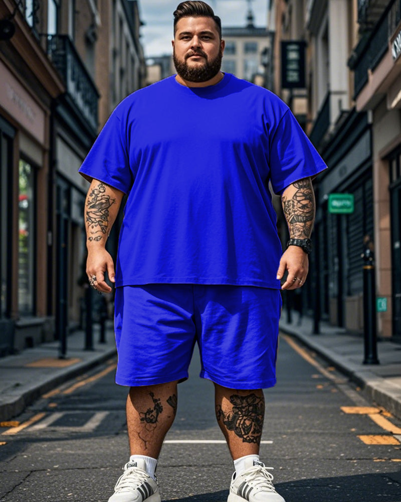 Solid Color Round Neck Plus Size Short Sleeve T-shirt + Shorts for Men