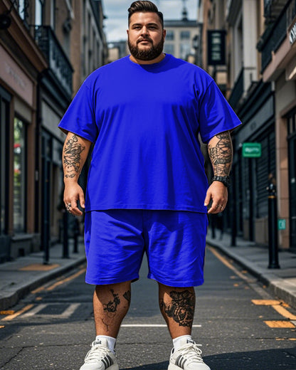 Solid Color Round Neck Plus Size Short Sleeve T-shirt + Shorts for Men