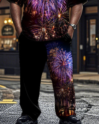 Colorful Fireworks Lapel Short-sleeved Shirt and Trousers Plus Size Men's Suit
