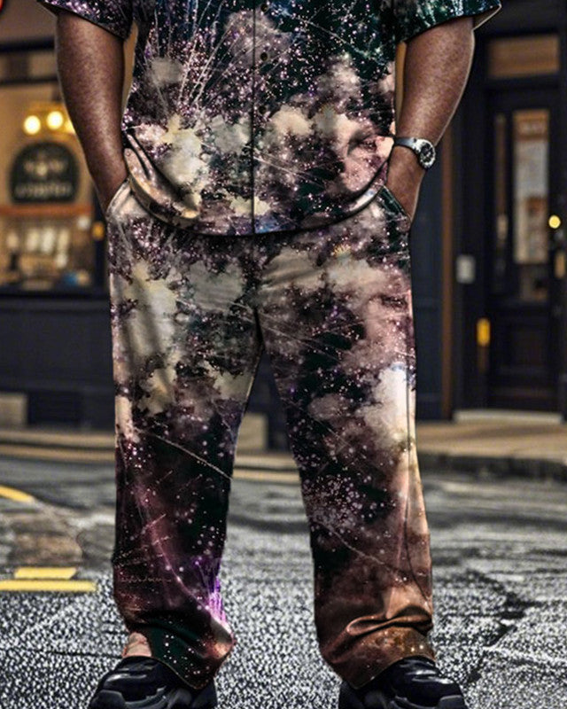 Fireworks Lapel Short Sleeve Shirt Trousers Large Size Men's Suit