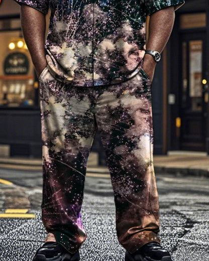 Fireworks Lapel Short Sleeve Shirt Trousers Large Size Men's Suit