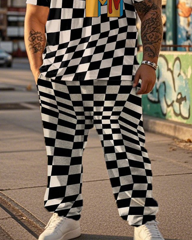 MTV Checkerboard Printed Large Size Short Sleeve Men's Suit