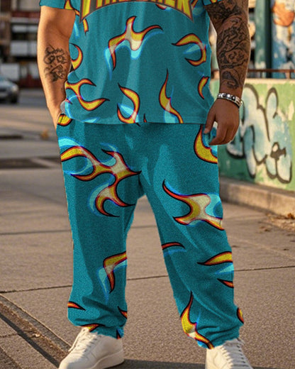 Flame Printed Oversized Short Sleeve Men's Suit