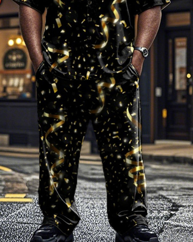 Men's Large Size Ribbon Printed Short Sleeve Shirt and Pants Suit