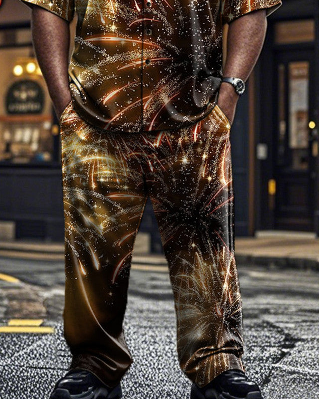 Fireworks Print Short Sleeve Shirt and Pants Plus Size Men's Suit