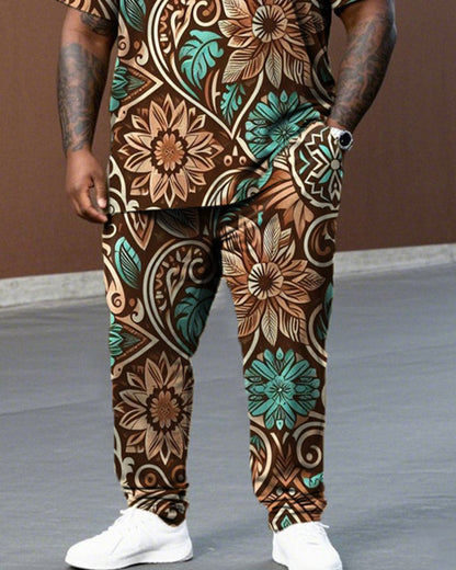 Western Pattern Large Size Short-sleeved T-shirt and Trousers Men's Suit