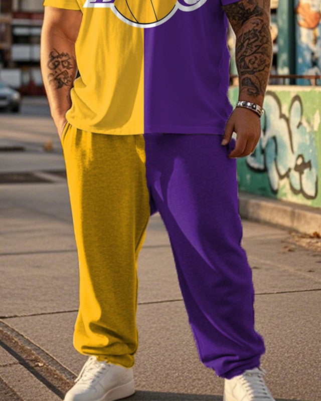 Colorblock Printed Oversized Short-Sleeved Men's Suit