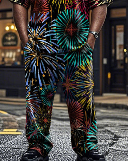 Colorful Oil Painting Fireworks Print Short-sleeved Shirt and Long Pants Plus Size Men's Suit