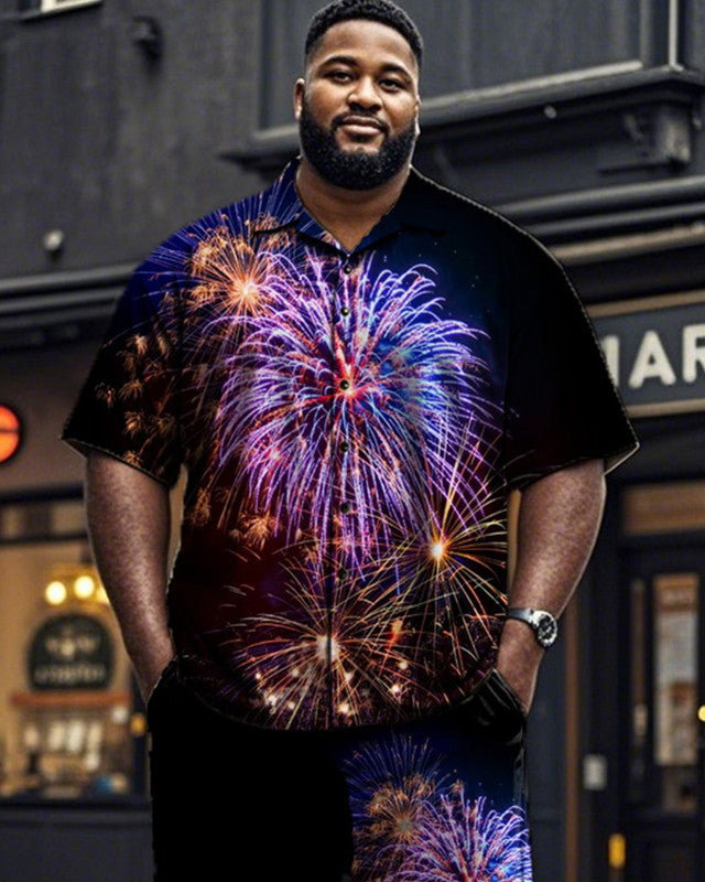 Colorful Fireworks Lapel Short-sleeved Shirt and Trousers Plus Size Men's Suit