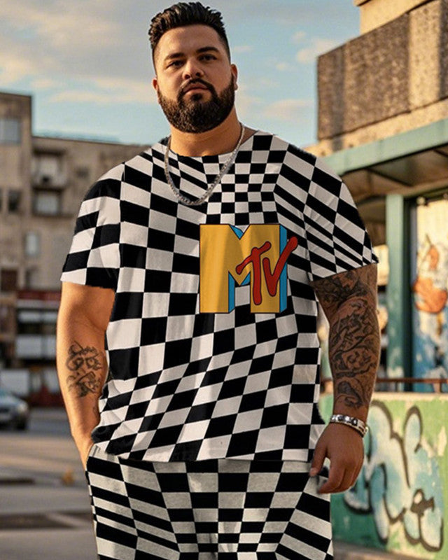 MTV Checkerboard Printed Large Size Short Sleeve Men's Suit