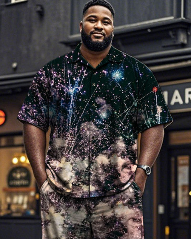 Fireworks Lapel Short Sleeve Shirt Trousers Large Size Men's Suit