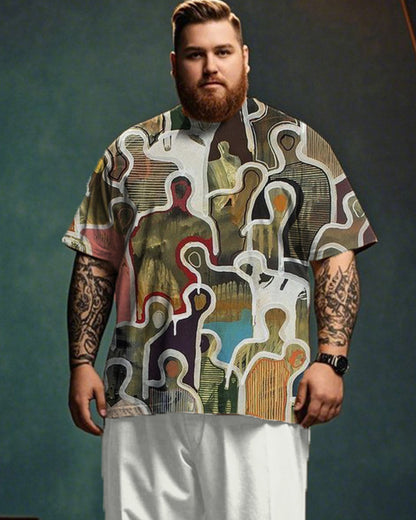 Oil Painting Stickman Print Short-sleeved T-shirt and Trousers Large Size Men's Suit