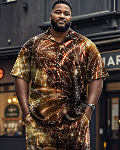 Fireworks Print Short Sleeve Shirt and Pants Plus Size Men's Suit