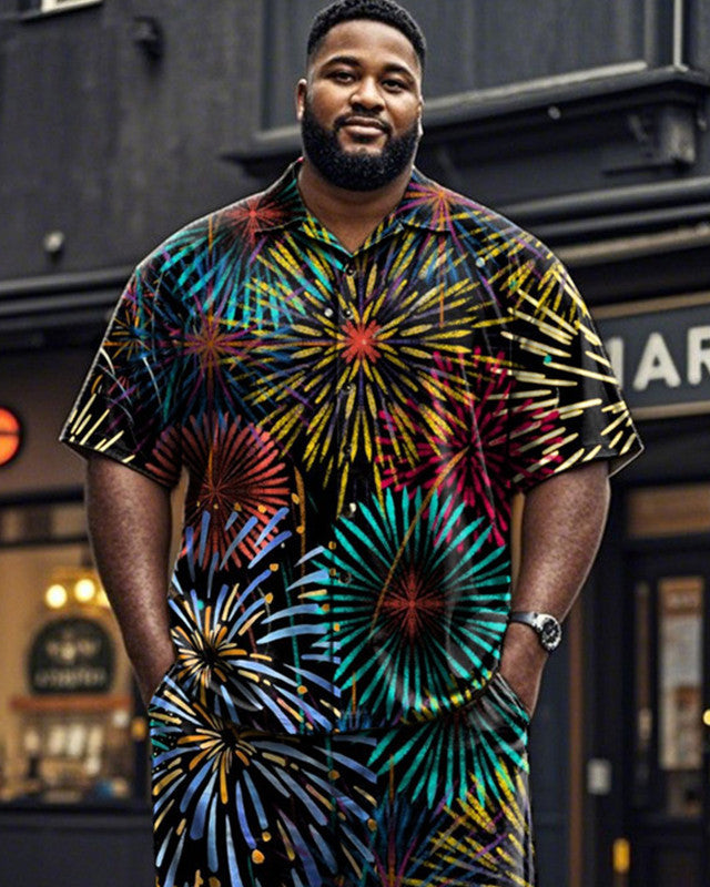 Colorful Oil Painting Fireworks Print Short-sleeved Shirt and Long Pants Plus Size Men's Suit