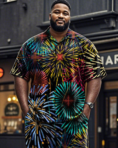 Colorful Oil Painting Fireworks Print Short-sleeved Shirt and Long Pants Plus Size Men's Suit