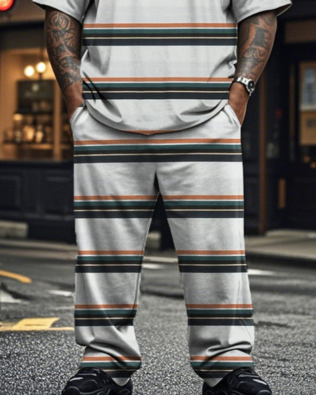 Colorblock Striped Short Sleeve T-shirt Trousers Large Size Men's Suit