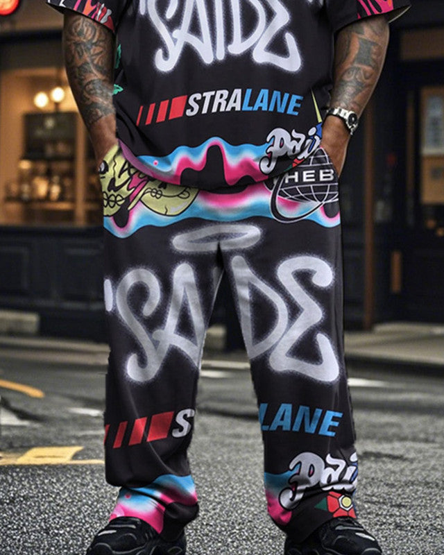 Street Style Graffiti Short-sleeved T-shirt and Trousers Large Size Men's Suit