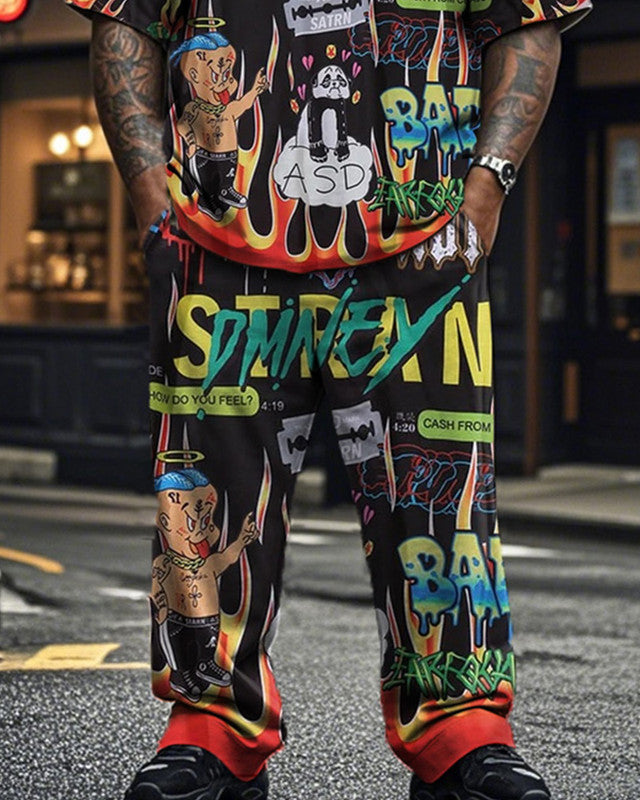 Color Graffiti Short-sleeved T-shirt and Trousers Plus Size Men's Suit