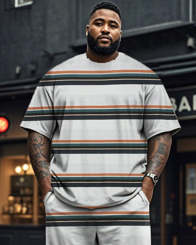 Colorblock Striped Short Sleeve T-shirt Trousers Large Size Men's Suit