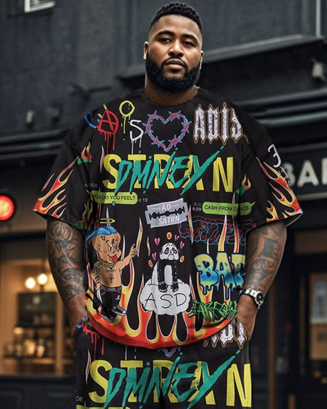 Color Graffiti Short-sleeved T-shirt and Trousers Plus Size Men's Suit