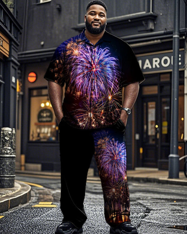 Colorful Fireworks Lapel Short-sleeved Shirt and Trousers Plus Size Men's Suit