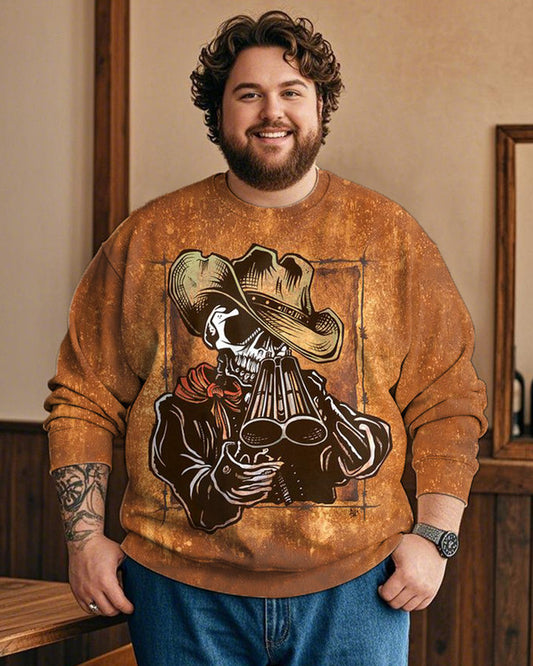 Vintage Western Skull Print Plus-size Crew Neck Long-sleeved Top