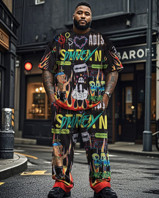 Color Graffiti Short-sleeved T-shirt and Trousers Plus Size Men's Suit