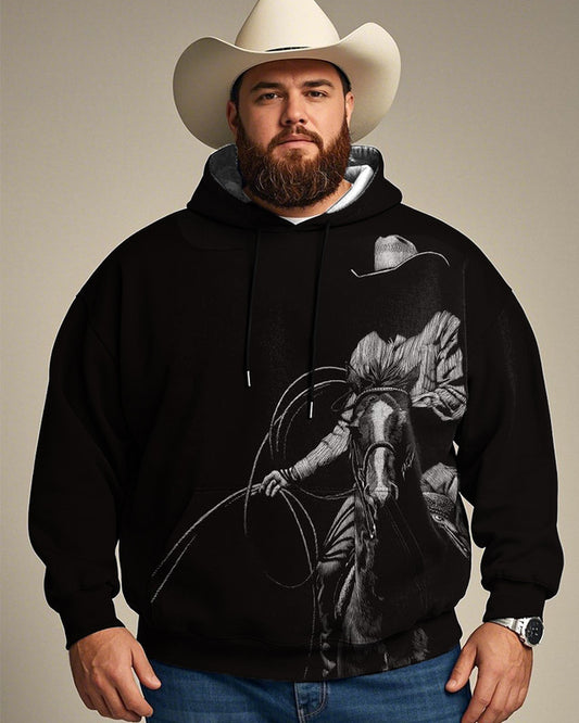 Western Cowboy Print Large Size Men's Hooded Sweatshirt