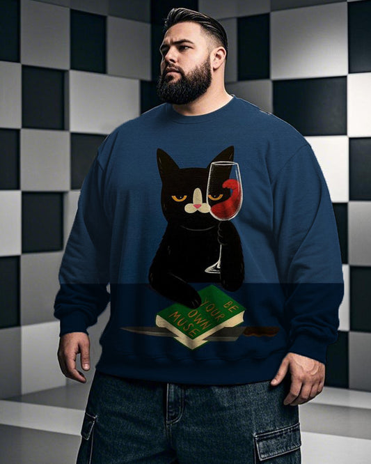 Men's Color-matched Cat Print Big Size Round Neck Long Sleeve Top