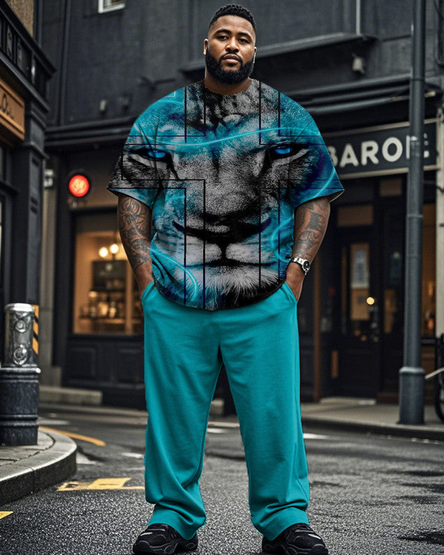 Cross Lion Print Short Sleeve Trousers Plus Size Men's Suit