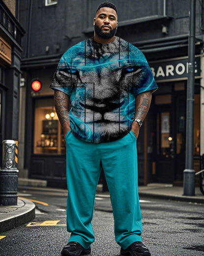 Cross Lion Print Short Sleeve Trousers Plus Size Men's Suit