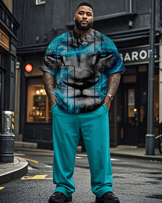 Cross Lion Print Short Sleeve Trousers Plus Size Men's Suit