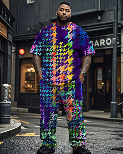 Colorful Plaid Round Neck Short-sleeved T-shirt Trousers Plus Size Suit
