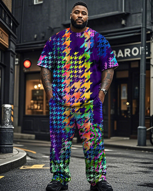 Colorful Plaid Round Neck Short-sleeved T-shirt Trousers Plus Size Suit