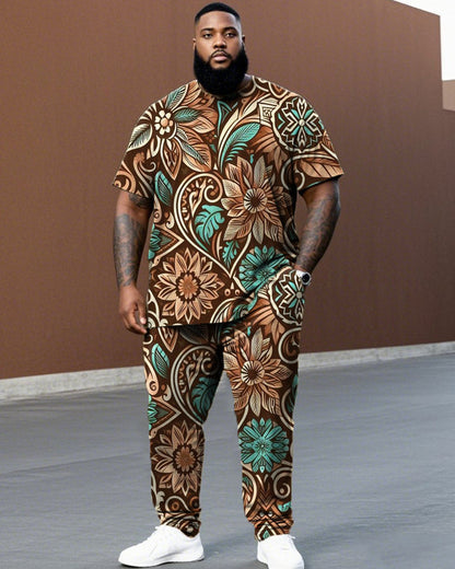Western Pattern Large Size Short-sleeved T-shirt and Trousers Men's Suit