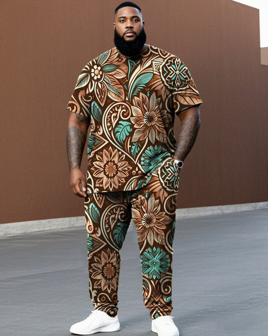 Western Pattern Large Size Short-sleeved T-shirt and Trousers Men's Suit