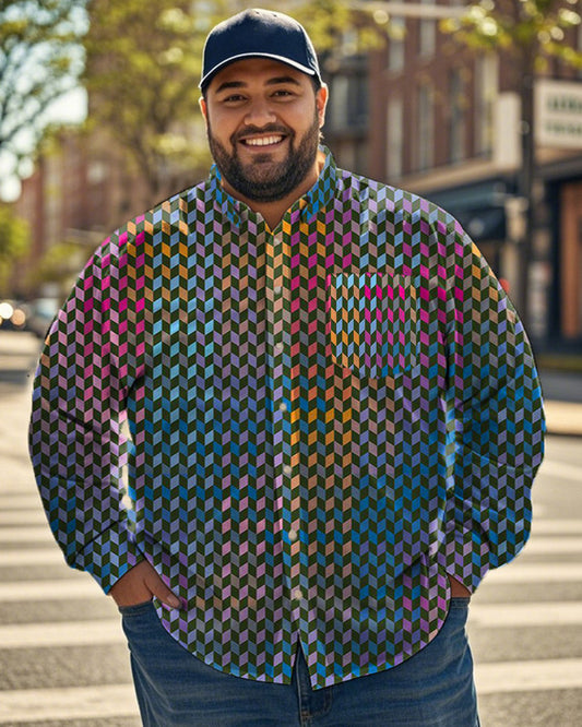 Men's Personalized Color Plaid Printed Large Size Long-sleeved Shirt